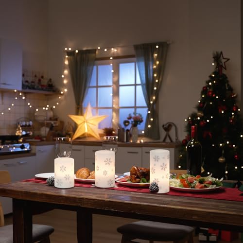 Image of KunSween Christmas Flameless Candles with Timer, 3 Pack LED Pillar Candles with Silver Snowflake Decals and Real Wax, Christmas Winter Decorations for Home Indoor Table Centerpieces