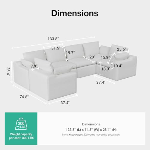 Image of Novilla 133.8 inch Modular Cloud Couch, Modern Sectional Sofa with Smarts Coil Support, Chenille Fabric, Upholstered Couch for Living Room Apartments Bedroom, No Assembly, 6 Seater, White