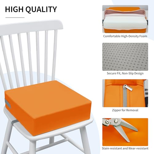 Image of Eiury Booster Seat for Kitchen Chair, Toddler Booster Seat for Dining Table, Waterproof PU Leather Kids Seat Cushion with Adjustable Straps, Non-Slip Bottom, Wipeable Seat Pad,Orange