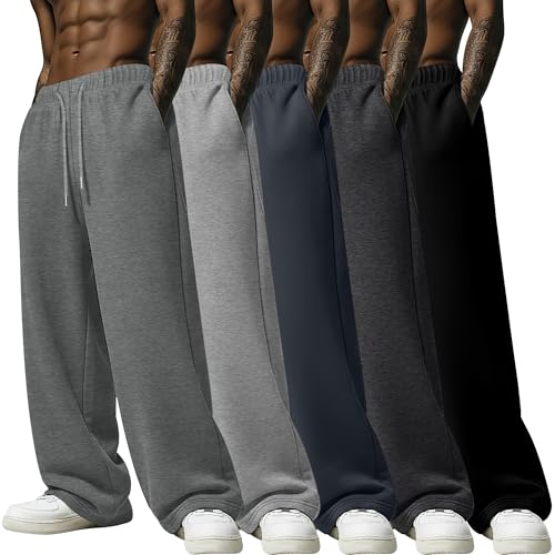 Image of 5 Pack Men's Lightweight Baggy Sweatpants Straight Leg Open Bottom Drawstring Pants with 3 Pockets