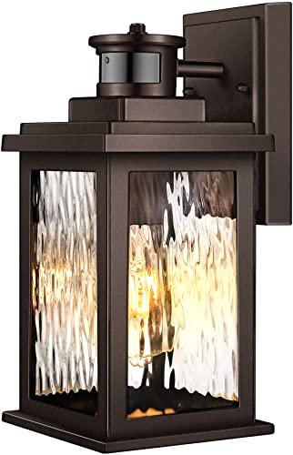 Image of VIANIS Outdoor Motion Sensor Lights for House Oil-Rubbed Bronze, Aluminum | Tempered Ripple Glass, E26, Waterproof Porch Lights Fixture Wall Mount for House, Dimmable Wall Lantern for Garage Entrance