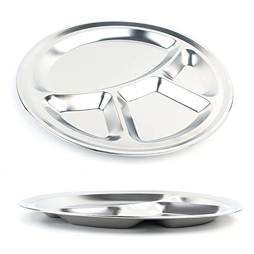 4 Sections Dinner Plate 32cm Stainless Steel Round Divided Plate for Hiking, Camping, Picnic 2 Pcs