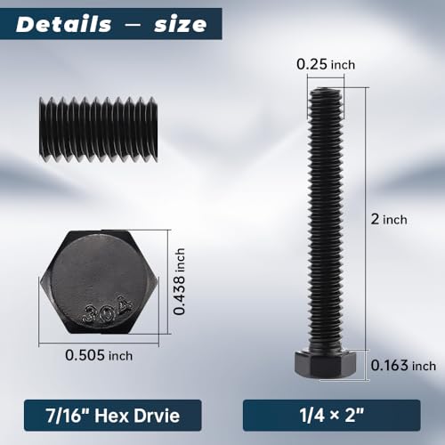 Image of Glvaner 1 /4-20 x 2 Stainless Steel Hex Head Screws Bolts, Black Coated, 304 Stainless Steel 18-8, Hexagon Head Bolts, Full Thread, 20 pcs