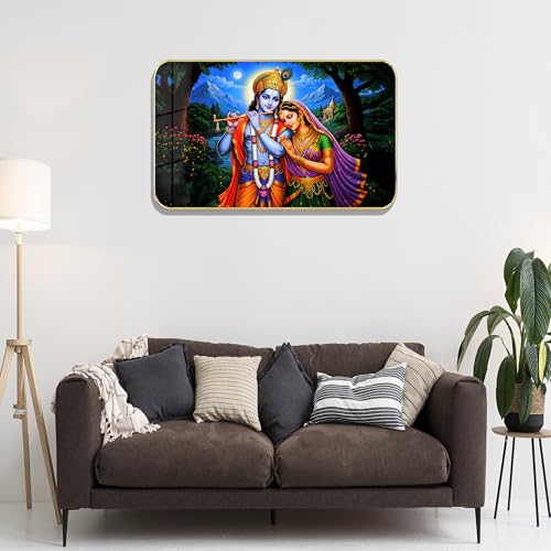 Image of Masstone Radha Krishna Crystal Embedded High Gloss Wall Painting, Golden Slim Frame, 45x30 Cm Wall Art for Living Room, Bedroom, Office & Home Decor (HG01)