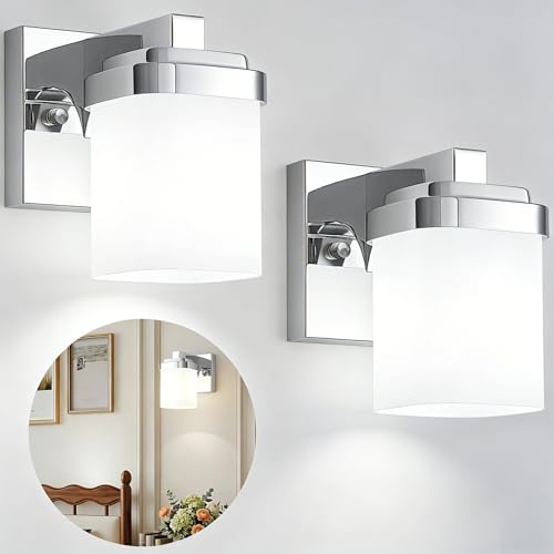 Image of 4.72 Inches Bathroom Vanity Lights, 1-Light Chrome Bathroom Llight Fixtures Over Mirror with Milky White Square Glass Shade, Modern Farmhouse Bathroom Wall Lamp, Wall Sconces Set of Two