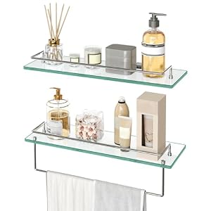 HOOBRO Glass Shelves for Bathroom, 15.7 Inch Floating Glass Shelf for Wall, Set of 2 Tempered Stainless Steel Wall Mounted Stand for Toilet, Room Decor, Silver SV02BJ01