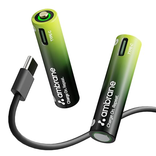Image of Ambrane AAA Type C Rechargeable Batteries, Pack of 2, 740mAh Lithium Ion Battery, Charge with Any Type C Cable & Adapter, No Separate Charger Required, Save Environment & Money (Reneo, Green)