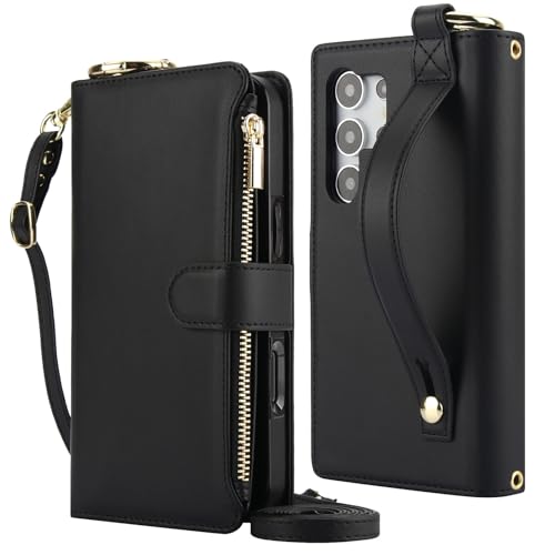 Coque Samsung S22 cuir noir avec cordon et portefeuille zippé pour femme et homme