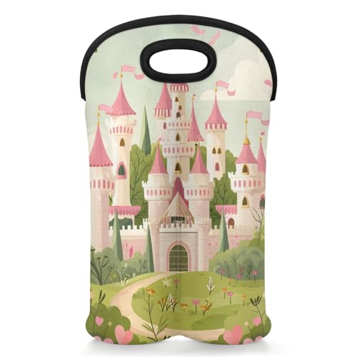 GzLeyigou 2 Bottles Castle Pink Wine Bag Sleeve Totes Neoprene Protective Wine Carrier Bag for Wine,Water, Champagne, Beer, Baby Bottles,Gift 14.5 x 10 Inches