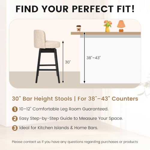 Image of COCO DESIGN 30 inch Cream Swivel Bar Height Stools Set of 2 with Wood Legs | Mid Century Modern Style, Smooth Swivel Design, Velvet Upholstered Seat, Sturdy Solid Wood Legs, Bar Height For Island