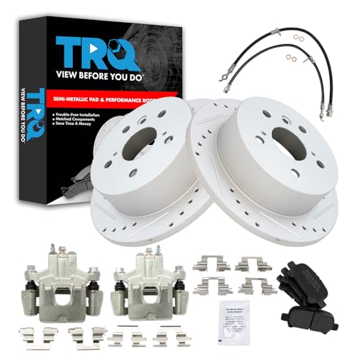 Image of TRQ Performance Rear Brake Pad and Rotor Set Semi Metallic Slotted Drilled Calipers Compatible with 2006-2007 Toyota Avalon 2006-2008 Solara