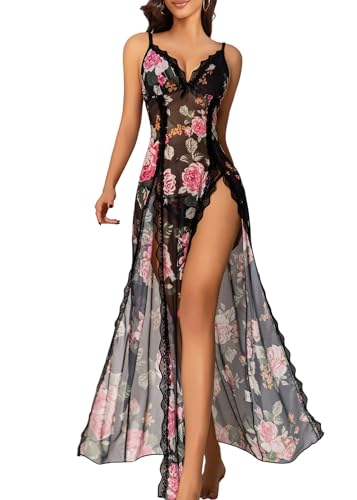 Women Lingerie Lace Babydoll Chemise Nightwear Sexy Mesh Nightdress Side Split Nightgown