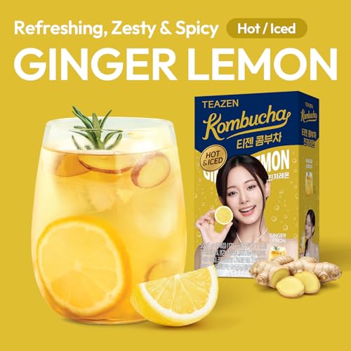 Image of TEAZEN Lemon Ginger Hot Kombucha Tea, Spice Tea, Live Probiotics & Postbiotics, Relaxation and Warmth for Colds and Sore Throat, Hydration Drink Mix, Sugar Free, On-the-Go 10 Packets, 1.76oz
