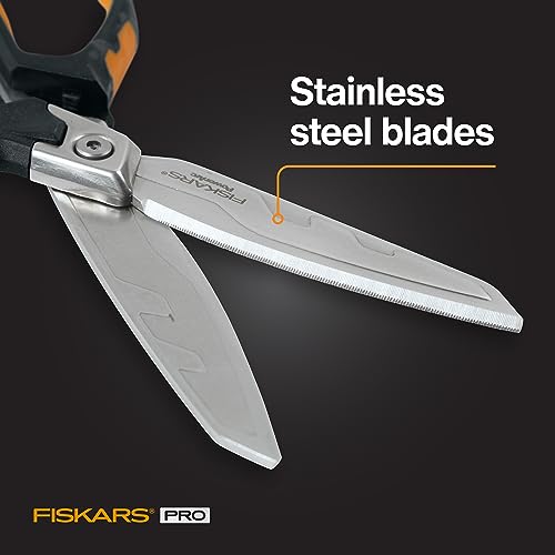 Fiskars PowerArc 8" Shop Shears, Heavy Duty Serrated Stainless Steel Scissors with Comfort Grip, Hardware Tool for Construction, Cut Materials Like Insulation, Duct Tape, Cardboard, Rope and Tyvek by Fiskars - Image 4
