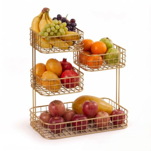 Image of 4 Tier Fruit Basket for Kitchen | Space Saving Decorative Kitchen Organizer | Multi-Layer Dining Table Organizer for Fruits, Snacks & Jars (4 Tier - Gold)