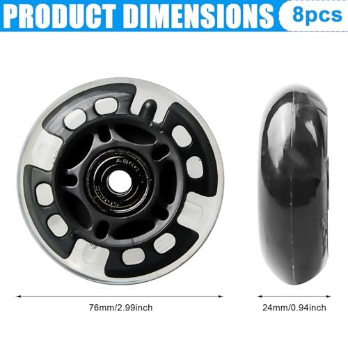 PORFOYO Inline Skate Rollen, 8 Stück Leuchtend Rollschuhe Räder 76mm, Inline Skate Teile Räder mit Kugellagern, Universal PU Rollen für Alle Arten von Rollschuhen (76MM)