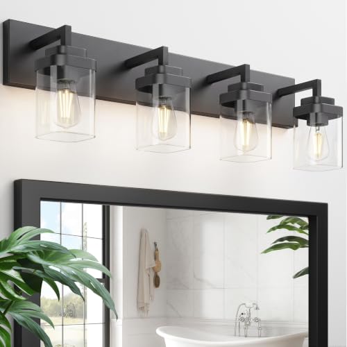 Image of Bathroom Vanity Light, Clear Glass Shade 4 Lights Morden Bathroom Lighting Fixtures Over Mirror, Black Bathroom Light Vanity Fixtures for Bathroom /Living Room /Bedroom