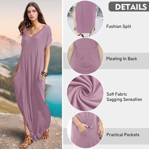 Image of Match Women's V-Neck Casual Loose Short Sleeve Long T-Shirt Dress Split Maxi Dress with Side Pocket