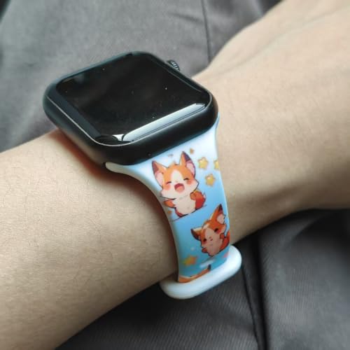 Image of Slim Cute Cartoon Band Printed Compatible with Apple Watch Bands 49mm 46mm 45mm 44mm 42mm 41mm 40mm 38mm Women, Silicone Adorable Printed Fadeless Pattern Design Strap for iWatch Series 11 10 9 8 7 6 5 4 3 2 1SE FOX