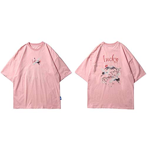 DMUEZW Vinatge T Shirt Hommes Hip Hop Broderie Sakura Lucky T-Shirt Japon Style Harajuku Tshirt Coton Tops Tees Cover