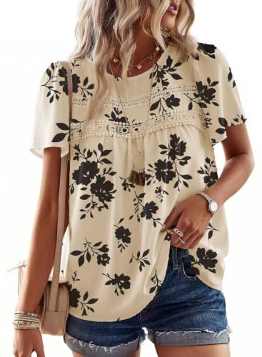 Image of Falechay Womens Summer Tops Flowy Boho Shirts Dressy Casual Short Sleeve | Crewneck Loose Fit Blouses, Hide Belly Fat, Lace Hem Ladies Tunic, Babydoll Crochet Clothes, Swiss Dot, Work, Vintage, XS-6XL