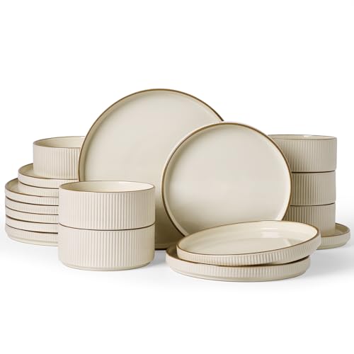Image of Famiware Stoneware Dinnerware Set for 6, Ribbed Plates & Bowls with Trim | Cream, 18-piece dishes with lipped edges, chip & scratch resistant ceramics, microwave & dishwasher safe, everyday formal use