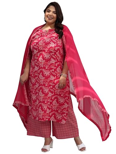 Image of Plus Size Printed Cotton Straight Kurta With Palazzo and Dupatta