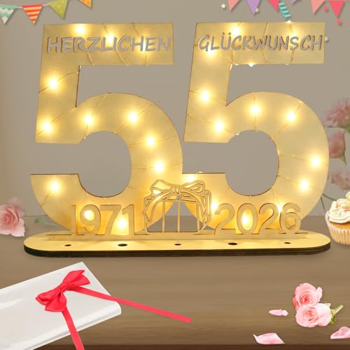 Seutgjie Deko 55 Geburtstag Frau Mann, 1971-2026 Geldgeschenke Geburtstag 55 Originelle Holz Schild Gästebuch mit LED Lichterkette für Männer Frauen Jubiläum Tischdeko