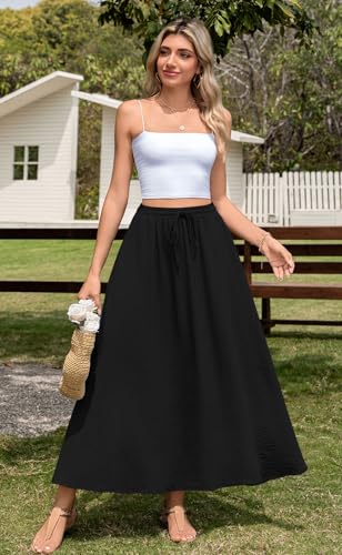 Aodemo Women's Flowy Maxi Skirt Summer Boho Pleated Elastic Waisted Casual Beach Long Skirts with Pockets - Image 3