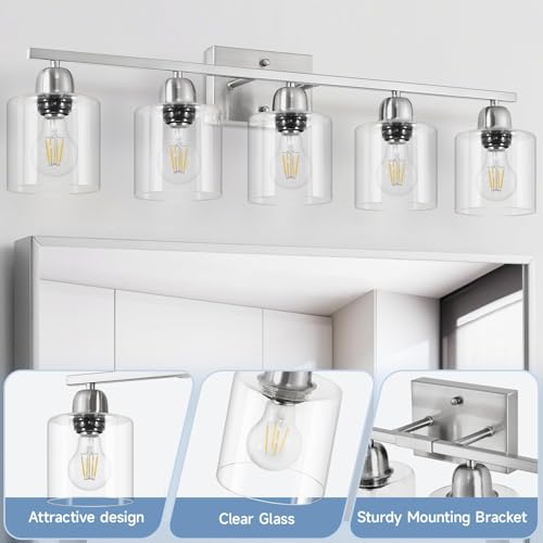 Image of Modern Brushed Nickel 5 Light Bathroom Vanity Light, 31 inch Bathroom Light Fixtures, Vanity Lights for Bathroom with Clear Glass for Mirror Kitchen Living Room Hallway Cabinet Porch