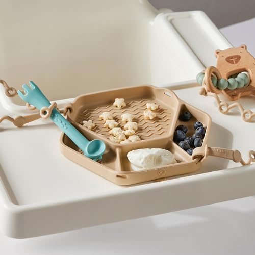Image of Smack Fun - The Original All-in-one Suction Plates + Safety Toy Straps - Silicone Suction Plates for Toddlers + Baby - First Foods + Self-Feeding. Comes with 2 Straps (Shifting Sand)