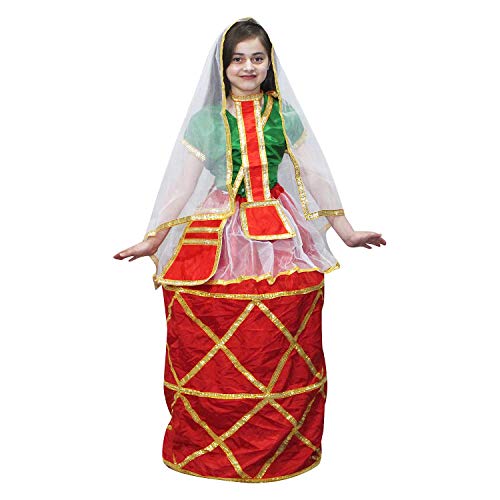 Image of Kaku Fancy Dresses Polyester Indian State Manipuri Folk Dance Costume - Red & Green, For Girls 14-16 Years