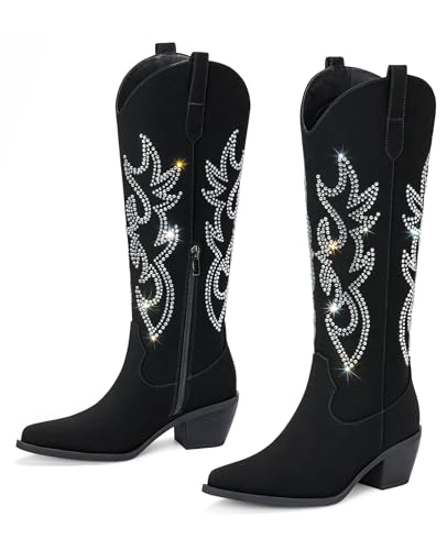 Image of Pasuot Western Cowboy Boots for Women - Knee High Wide Calf Cowgirl Boots, Slip On Pointed Toe Chunky Heel Fashion Retro Classic Pull On Tall Boot for ladies Party concert