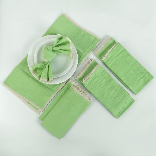 Image of FINGERCRAFT Cloth Napkins Set of 8, 20x20 Inch, Soft Cotton Muslin Dinner Napkins with Lace Edge, Reusable Washable Table Napkins for Wedding, Party, Dining & Home Decor (Lettuce Green)