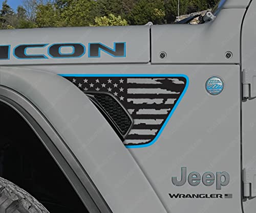 Distressed Fender Vent Flags Decals to fit Jeep Wrangler Gladiator Rubicon JL JT 2018-2023 (2 Color Matte Black/4x Blue)
