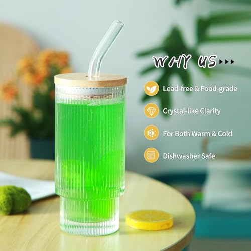Image of SYANKA Stackable Glass Sipper with Wooden Lid and Straw Pack of 6, 300 ML - Coffee Mug with Lid, Use as a Travel Mug, Mason Jar, Can Sipper, Juice Cup. Ideal for Coffee, Green Tea, Iced Tea