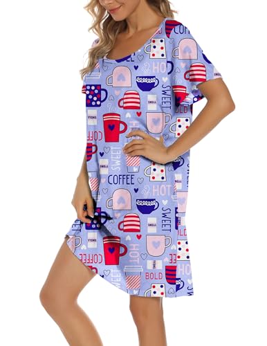 Image of ENJOYNIGHT Womens Cotton Nightgown Short Sleeve Sleepshirt Print Nightshirt | Short-Sleeve Crew Neck, Soft Cotton Fabric, Cartoon Printed Sleep Shirt, Loose Fit