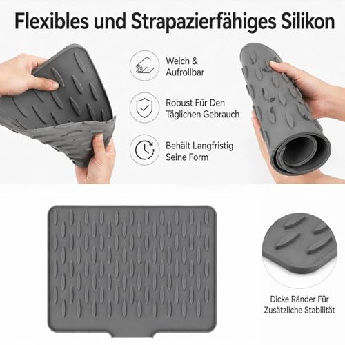 Pownert Lot de 2 tapis d'égouttoir à vaisselle, tapis d'égouttement alternatif, insert d'évier à séchage rapide, résistant à la chaleur, antidérapant, en silicone (40 × 32 cm, gris) – vue 3