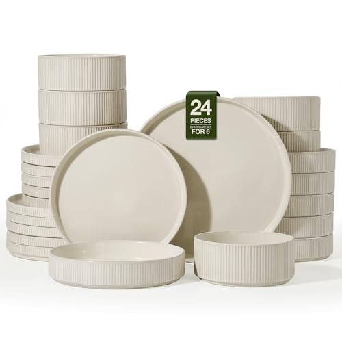Image of Famiware Stoneware Dinnerware Set with Pasta Bowls, Oat White Dishes for 6 | 24-Piece Ceramic Double Bowls & Flat Plates, Chip & Scratch Resistant, Microwave & Dishwasher Safe, Everyday Dining, Modern