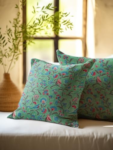 Image of Pakshi Hand Block Printed Cushion Cover Set | Cushions Cover for Home & Office | 100% Cotton Fabric | Size - 16 x 16 Inches | Pack of 2 Cushion Covers | Color - White