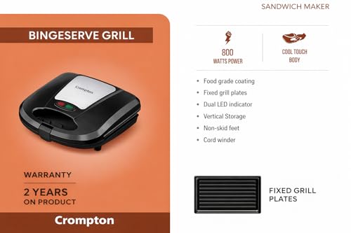Image of Bingeserve 800 Watts Grill Sandwich Maker | Fixed Grill Plates | Cool Touch Body | Non-Stick Food Grade Coating | Dual LED Indicator | 2 Years Warranty (Black) (BINGESERVE GRILL)