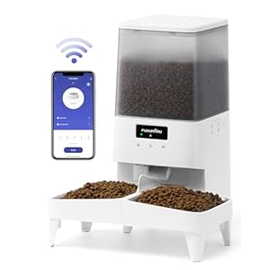 FUKUMARU Futterautomat Katze, 5L Katzen Futterautomat WiFi mit Doppelnapf, Automatischer Futterspender Katze mit Maßgeschneidert Zeitplan, Akkubetrieben & Kabelgebundene Elektrik, Weiß Groß