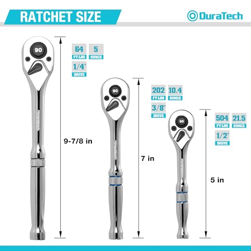 Image of DURATECH 3-Piece Drive Ratchet, 1 /4 inch, 3 /8 inch, 1 /2 inch 90-Tooth Quick-Release Ratchet Wrench, Reversible, Cr-V Made, Full Polished - with Plastic Insert Storage Box, Gifts for Men, Women, Dad