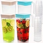 Pumtus 4 Pitcher en plastique avec 16 Des tasses, 70OZ Pitcher à eau avec lis et poignée, inébranlable résistant à la chaleur BPA Conteneur de jus gratuit pour boissons glacées, lait, maison, fête, beige et bleu