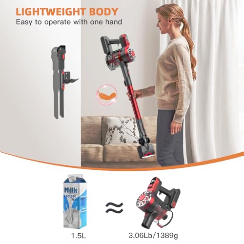 Image of Cordless Vacuum Cleaner for Home,Lightweight Stick Vacuum Cordless Rechargeable with Power Suction, Up to 35 Mins Runtime, Hardwood Floor Vacuum for Pet Hair,Carpets,Tile(Black Red)