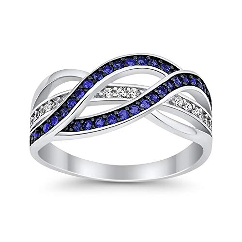 Simulated Blue Sapphire Cubic Zirconia Size-9 Half Eternity Weave Knot Ring Crisscross Crossover Round Simulated Cubic Zirconia 925 Sterling Silver