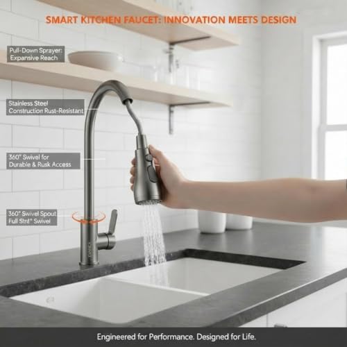 Image of EVANEX Pull Out Kitchen Faucet 304 Stainless Steel Kitchen Faucet 360 Degree Rotating Kitchen Tap for Sink Deck Mounted Kitchen Sink Tap Flexible