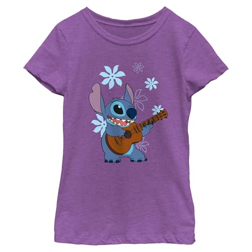 Disney Girl's Stitch Flowers T-Shirt, Purple Berry, Large
