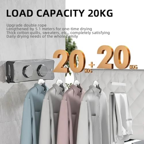 Image of Retractable Clothesline 5 Metre - Wall Mounted Indoor & Outdoor Drying Line (Single /Double Line), ABS Housing & 304 Stainless Steel Wire for Bathroom, Balcony, Laundry Room (Double Line)