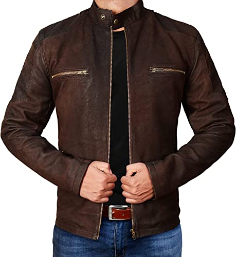Chaqueta de cuero para hombre - Vintage Real Cordero Piel Cafe Racer Moto Cuero Chaqueta Hombre, Steve Rogers Brown, XXS Cover